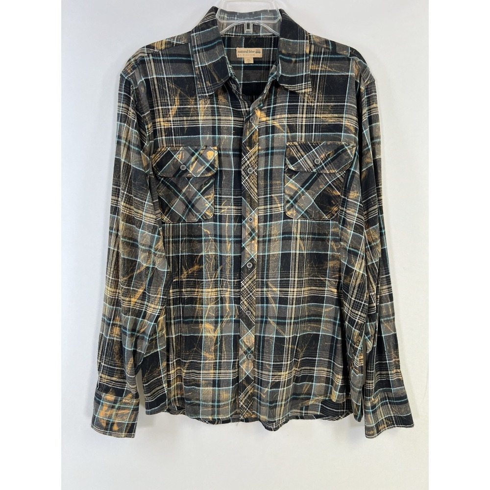 VTG Natural Blue Flannel Blue Plaid Distressed Men Size XL Outdoor Gorpcore